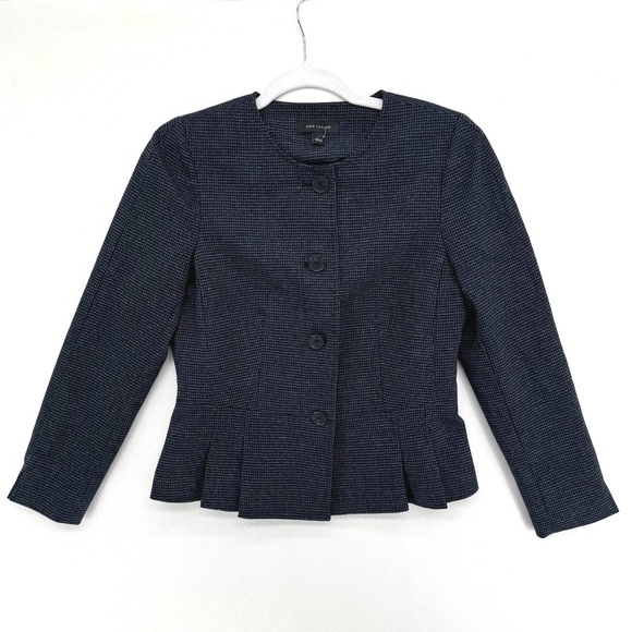 Ann Taylor Jackets & Blazers - Ann Taylor Peplum Blazer Women 2 Navy Blue Micro Check Collarless Button Jacket